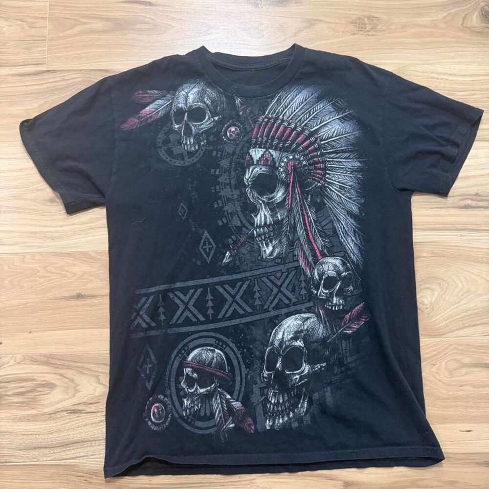 Y2K Black graphic tee skulls tribal designs biker AOP Size medium